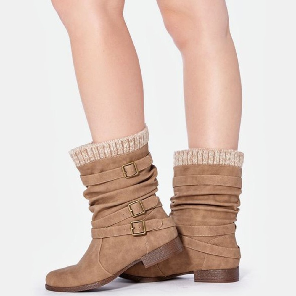 Brand New Winter Sweater Cuff Tan Flat Boot - Picture 2 of 5